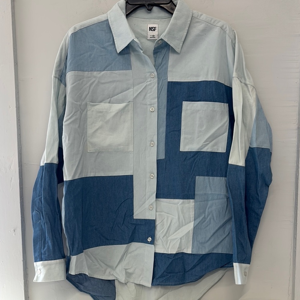 NSF Blue and‎ White Patchwork Shirt Size Medium